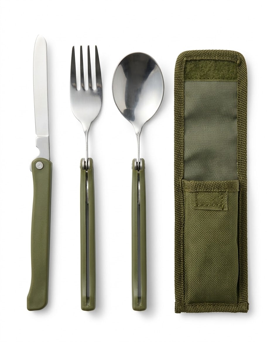 3-piece portable camping cutlery set featuring stainless steel knife, fork, and spoon with olive green handles beside nylon storage pouch.