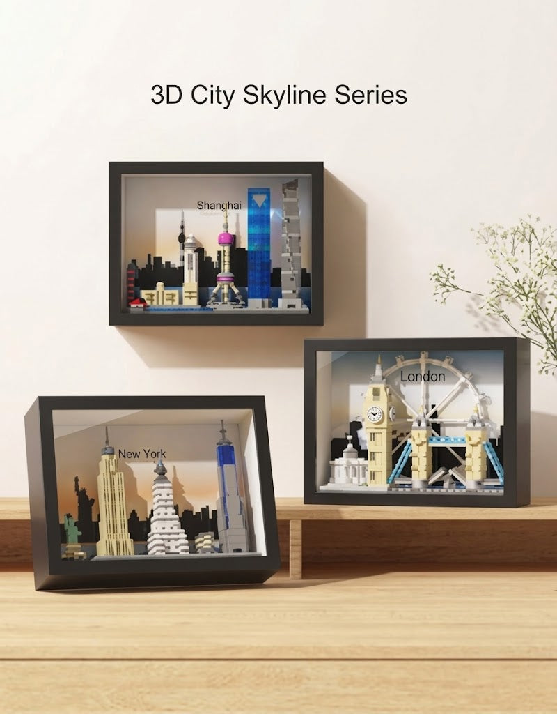 3D City Skyline Series miniature architectural building block frames displaying New York, Shanghai, and London models on a wooden shelf.