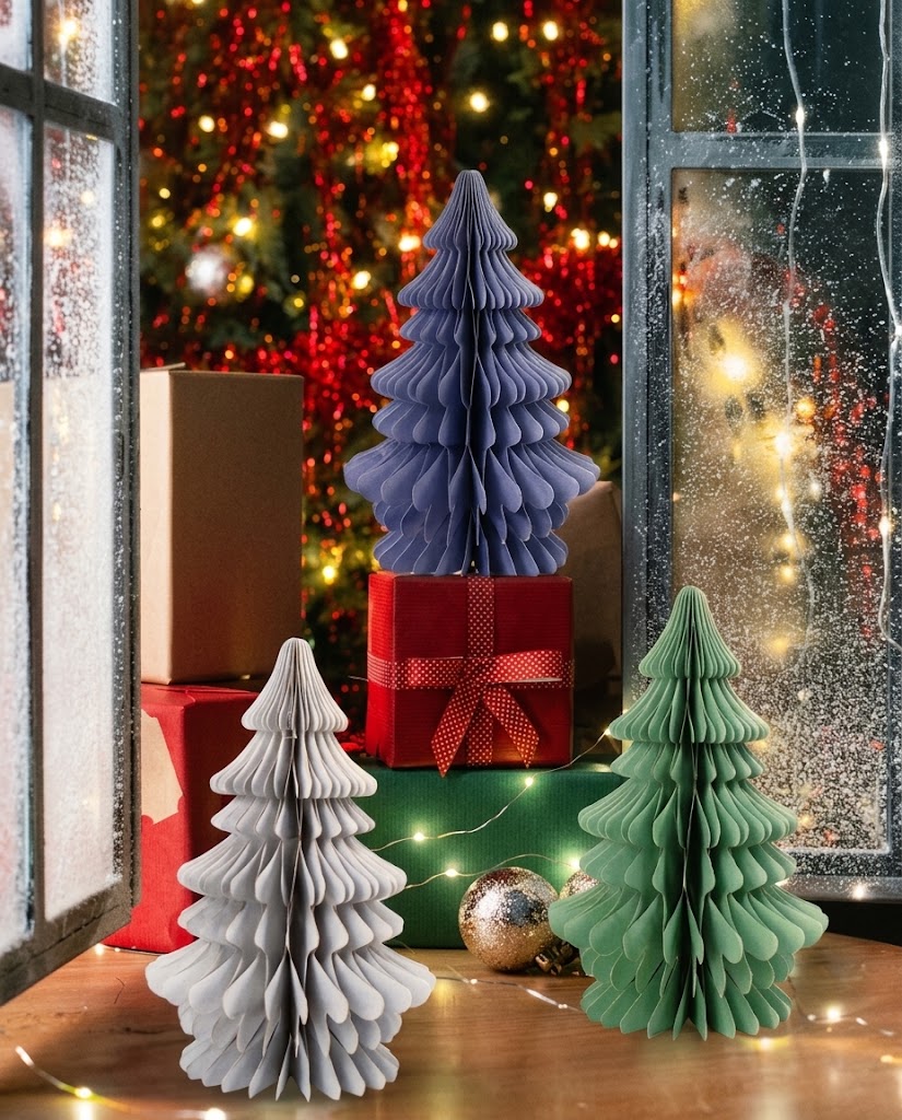 Set of 3D honeycomb folding paper Christmas trees (34.5 cm) in green, white, and navy blue for festive tabletop and holiday home decor in Lebanon - Gadgets Lebanon