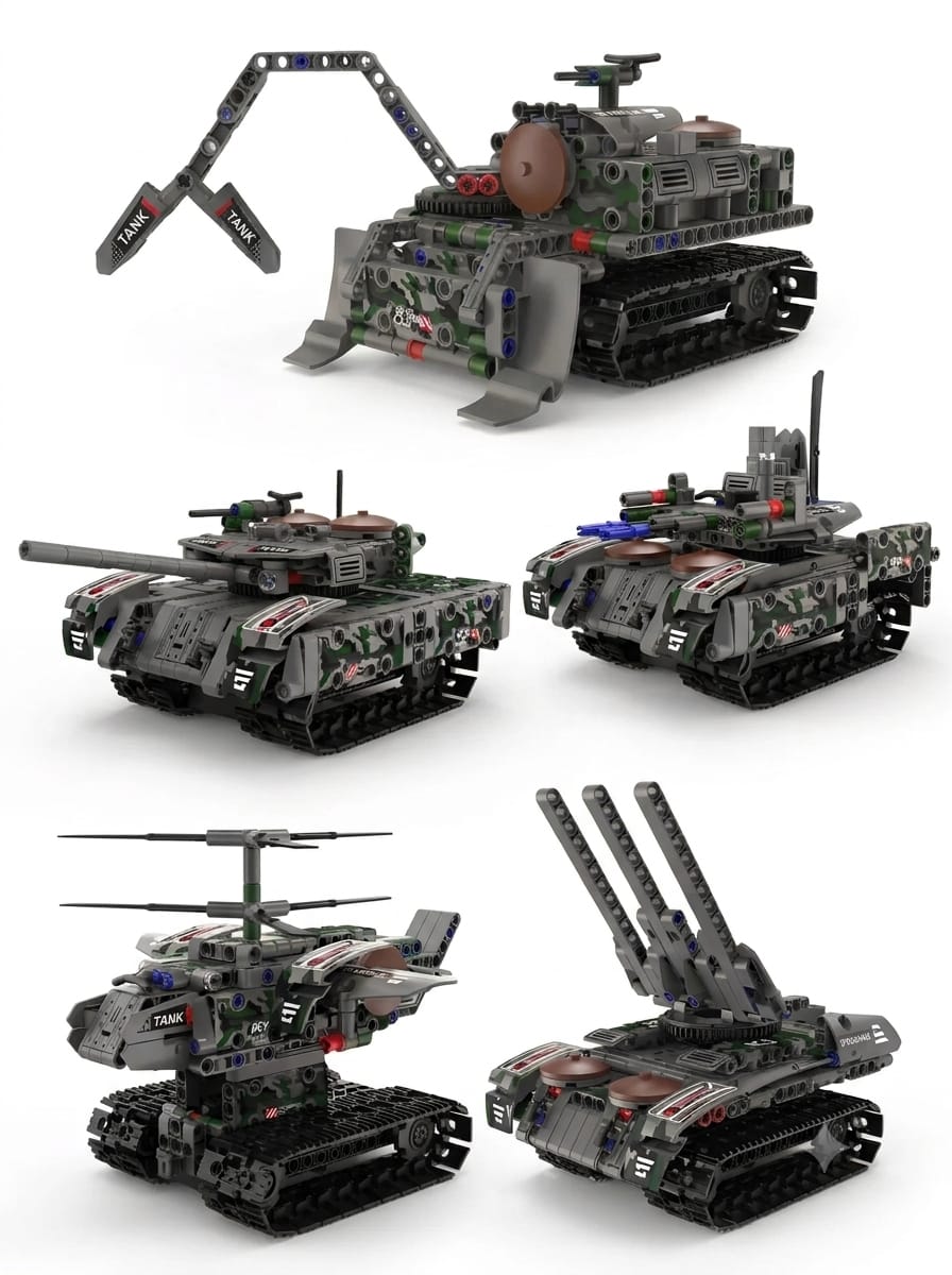 5-in-1 remote control military vehicle building block kit showing tank, helicopter, missile launcher, and radar modes.