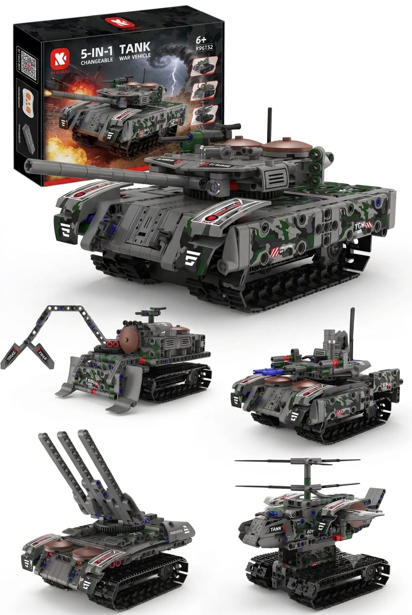 5-in-1 remote controlled changeable war vehicle construction set shown with retail packaging box and assembled tank models.