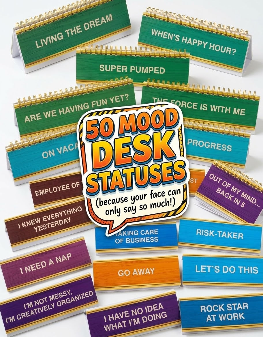 Assorted collection of 50 mood desk status cards and witty nameplate quotes[cite: 2], perfect novelty office gift in Lebanon.