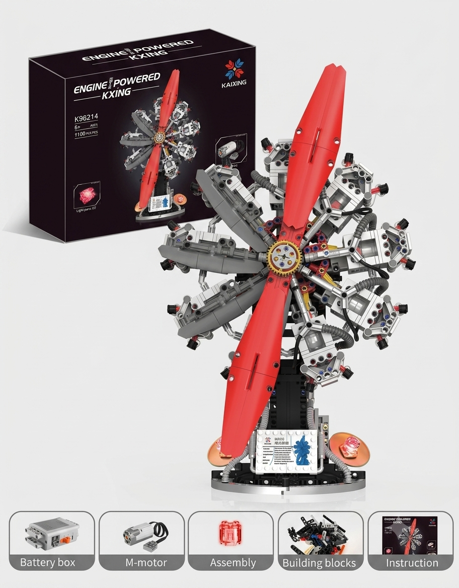 KAIXING 9-cylinder radial aircraft engine building block model featuring a two-blade red propeller, display stand, and LED light parts with 1100 pieces.