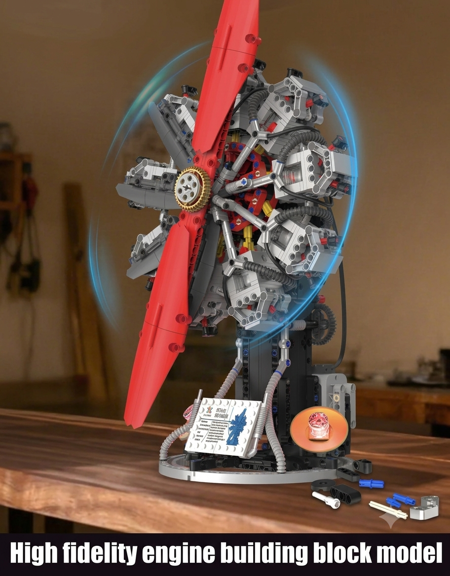KAIXING 9-cylinder radial aircraft engine building block model featuring a two-blade red propeller, display stand, and LED light parts with 1100 pieces.