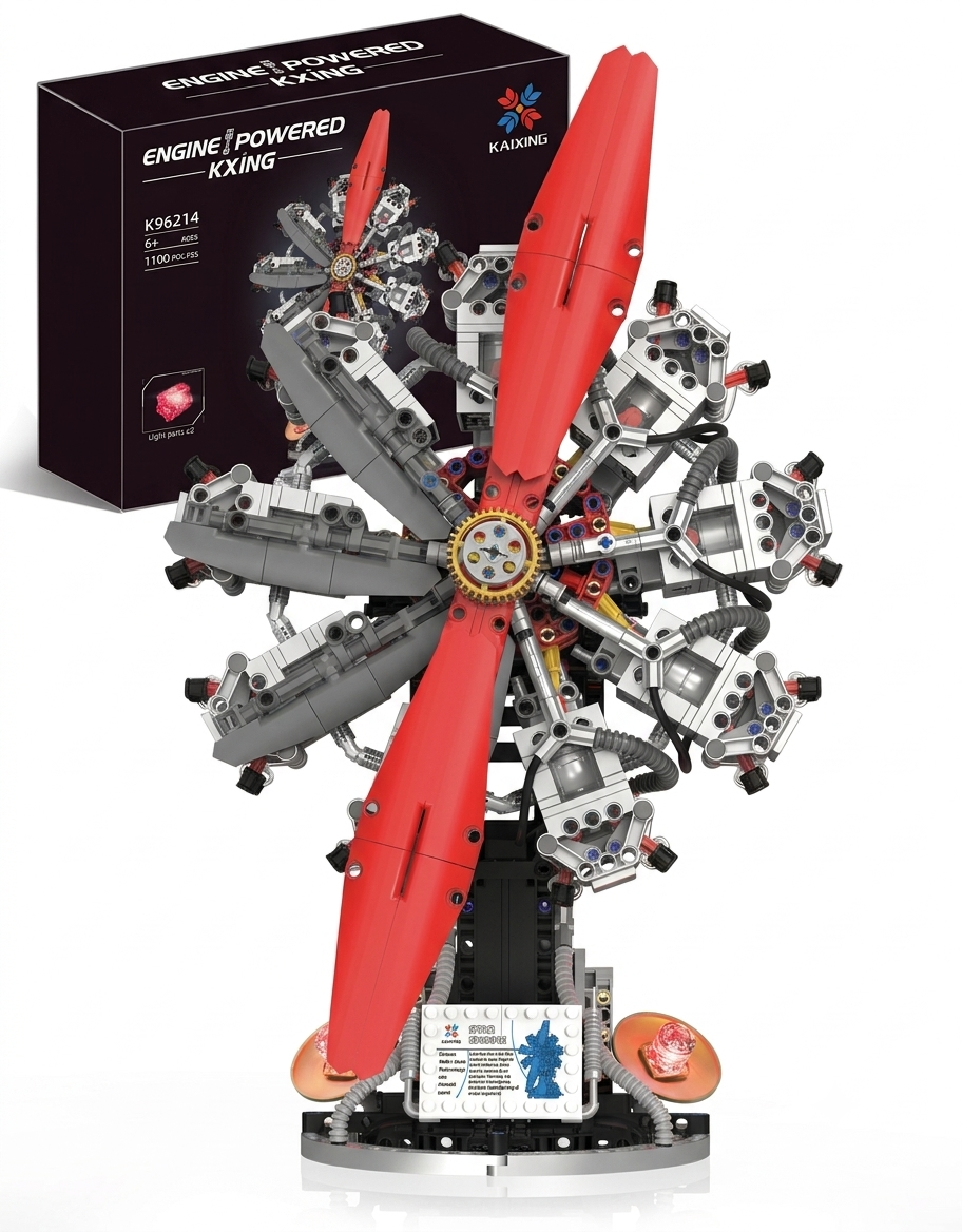 KAIXING 9-cylinder radial aircraft engine building block model featuring a two-blade red propeller, display stand, and LED light parts with 1100 pieces.