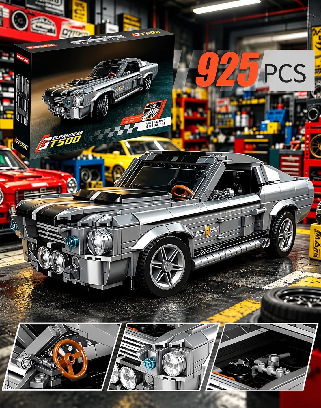 925-piece Eleanor GT500 custom sports car building bricks set displayed in a tuning garage with interior and engine bay close-ups.