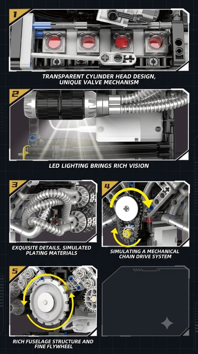 Motorized V8 supercar engine model building block kit with electric motor, moving gears, and display stand