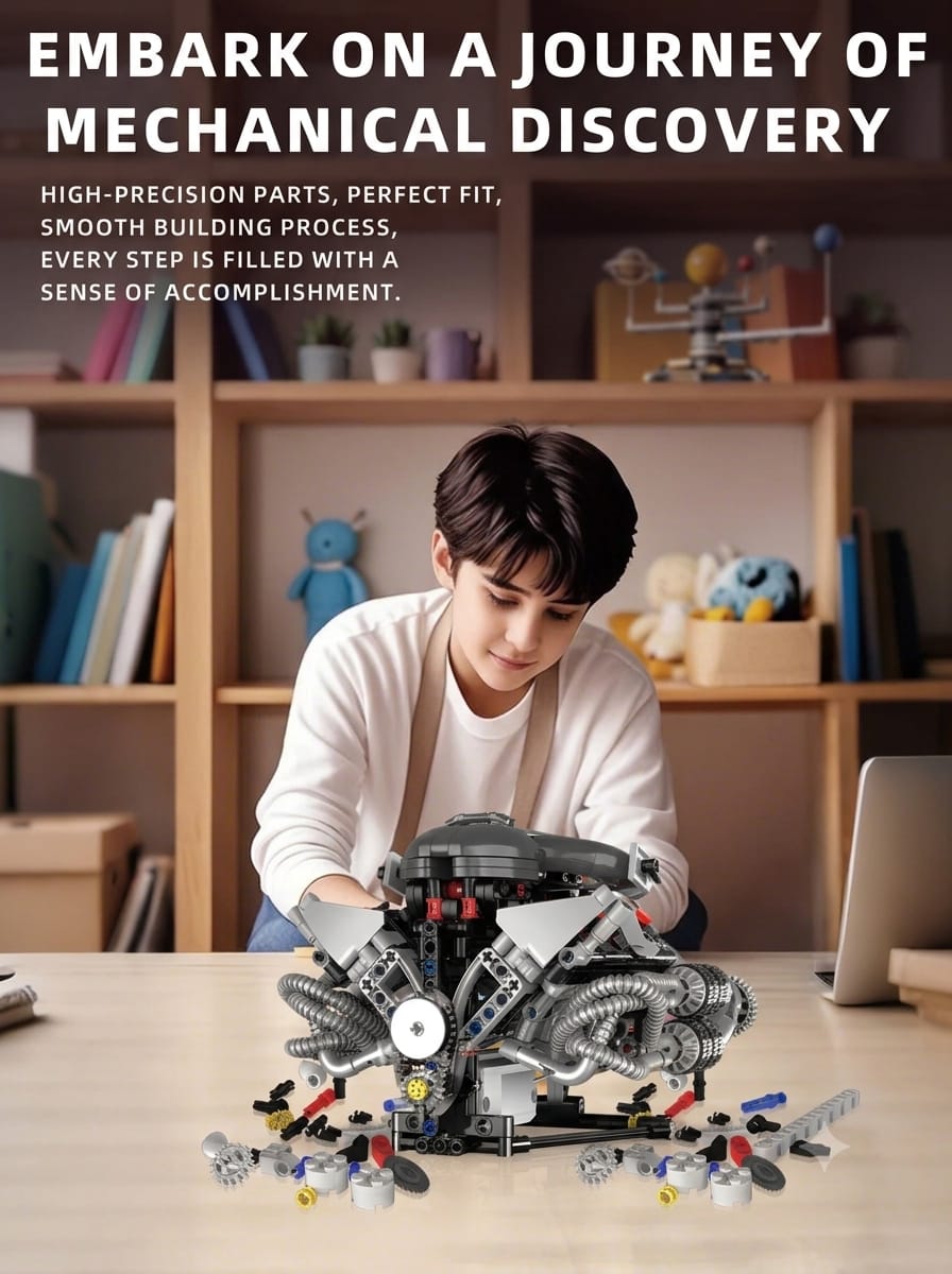 Motorized V8 supercar engine model building block kit with electric motor, moving gears, and display stand