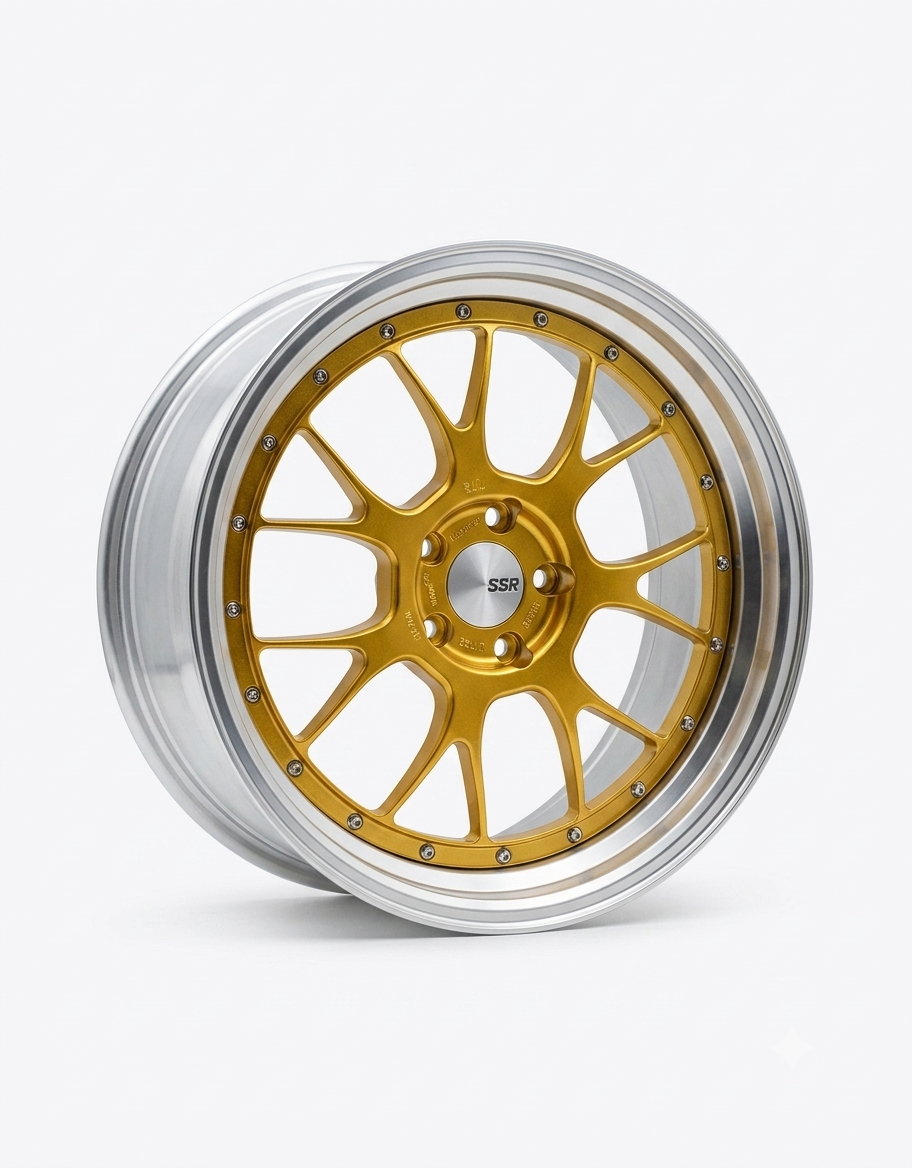 Angled view of gold BBS style 10cm miniature aluminum alloy car rim desk ornament