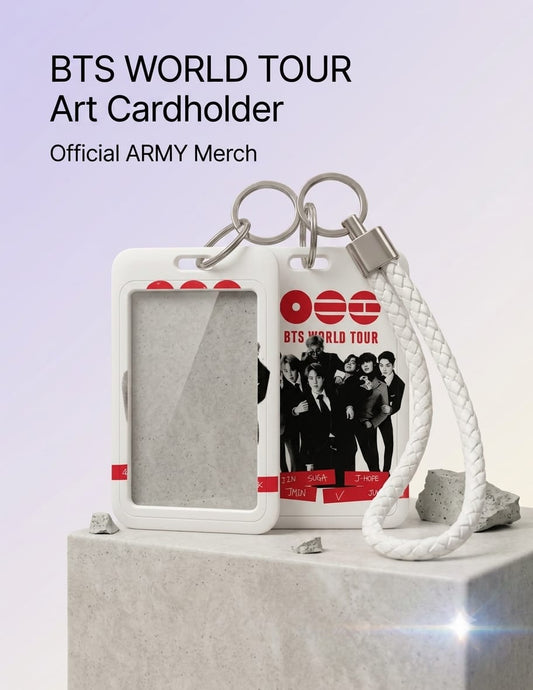 Official BTS World Tour Art Cardholder in white, featuring a braided lanyard, clear ID window, and a black-and-white group photo of BTS members on the back.