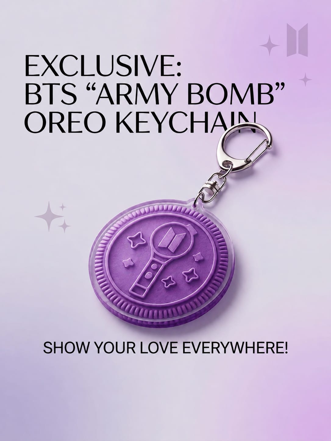 Purple Oreo-shaped BTS 'Army Bomb' keychain with a silver key ring, shown on a light purple background with promotional text.