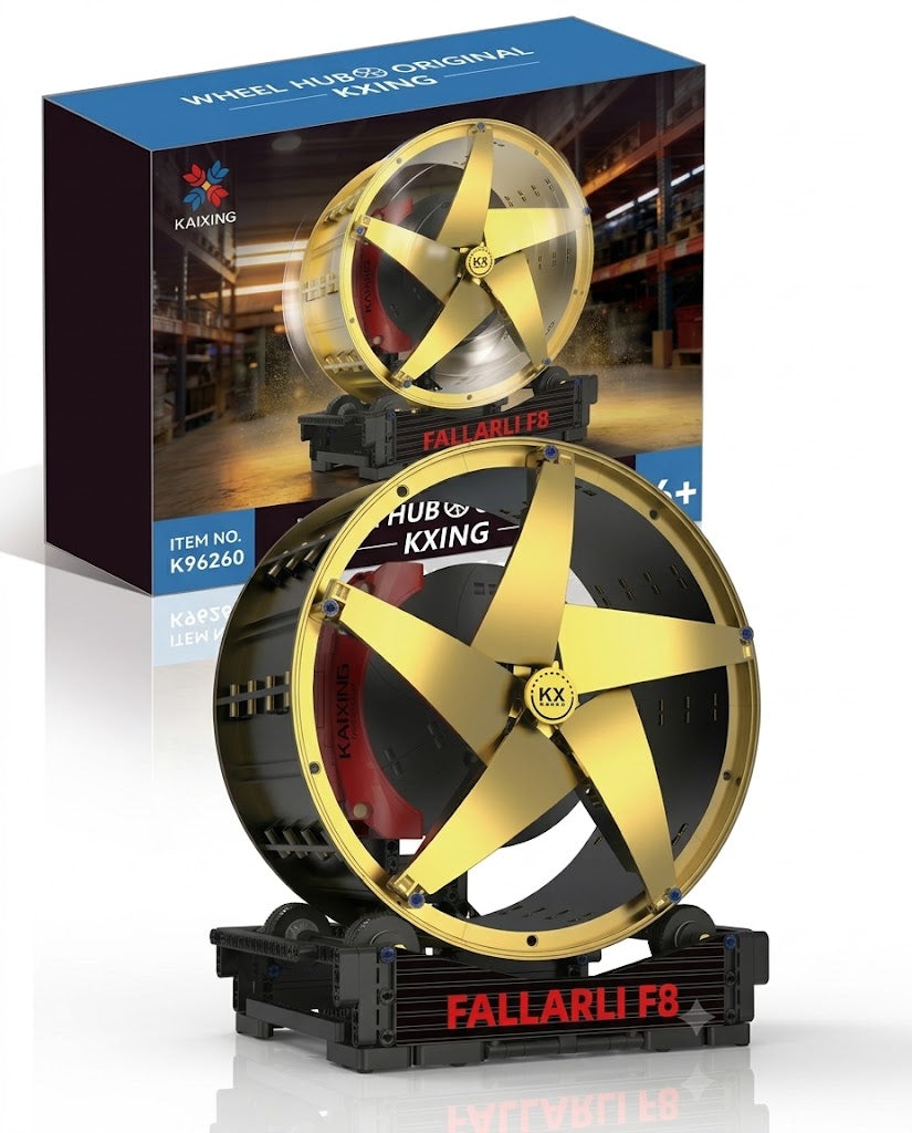 Fallarli F8 supercar gold wheel hub building block set with red brake caliper and display stand