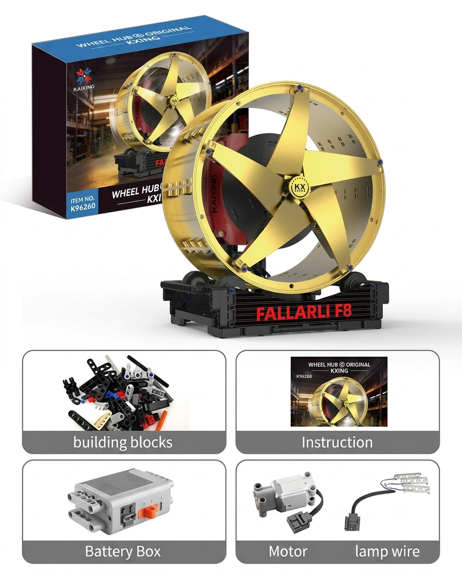 Fallarli F8 supercar gold wheel hub building block set with red brake caliper and display stand