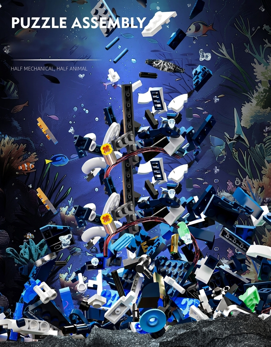 Exploded view of half mechanical half animal stingray puzzle building blocks and technic gear pieces in an underwater scene.