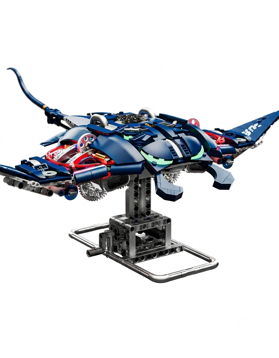 Blue semi-mechanical stingray building block model with exposed internal gears, mounted on a functional crank display stand.
