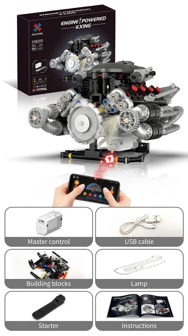 Motorized V8 supercar engine model building block kit with electric motor, moving gears, and display stand