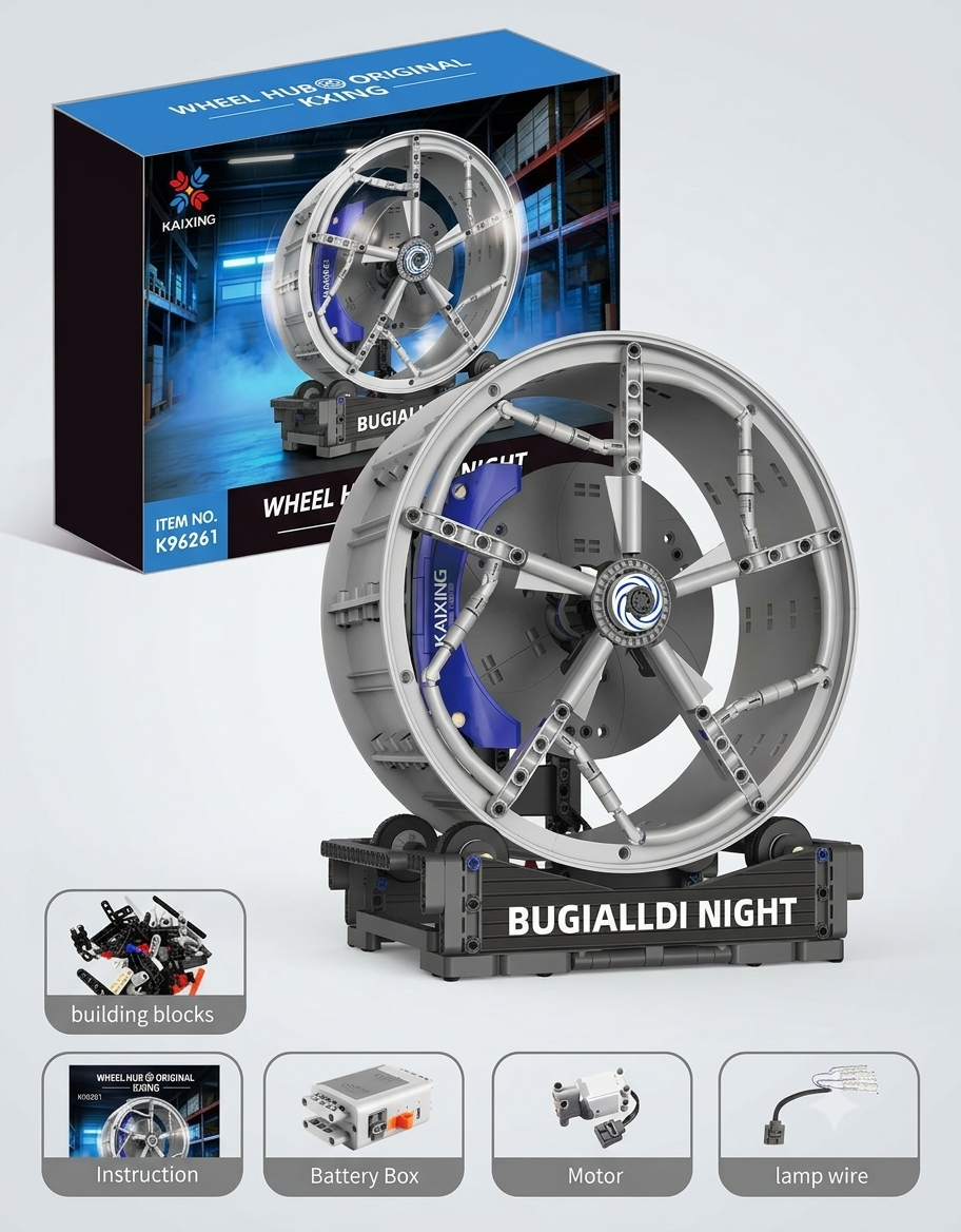 supercar wheel hub building block model with blue brake caliper on a rolling display stand