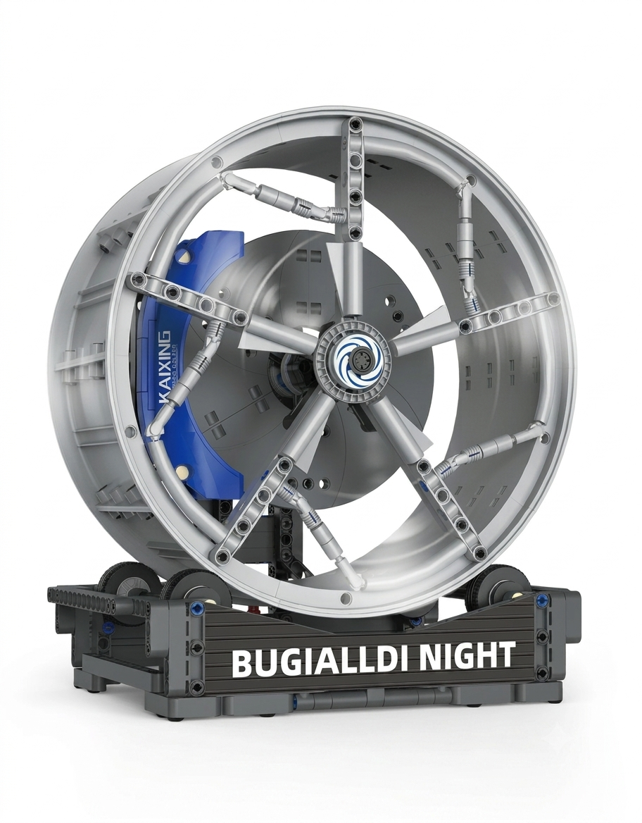 supercar wheel hub building block model with blue brake caliper on a rolling display stand