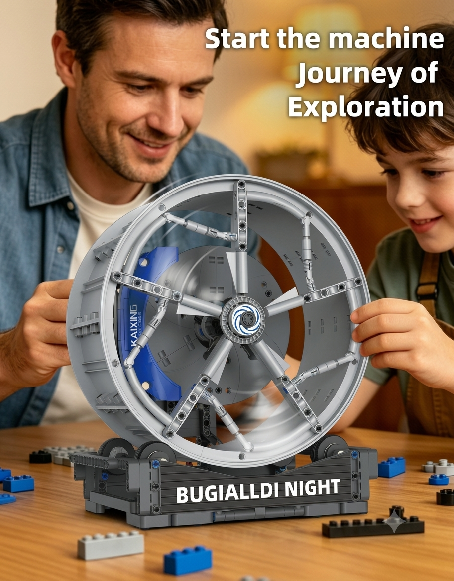 supercar wheel hub building block model with blue brake caliper on a rolling display stand
