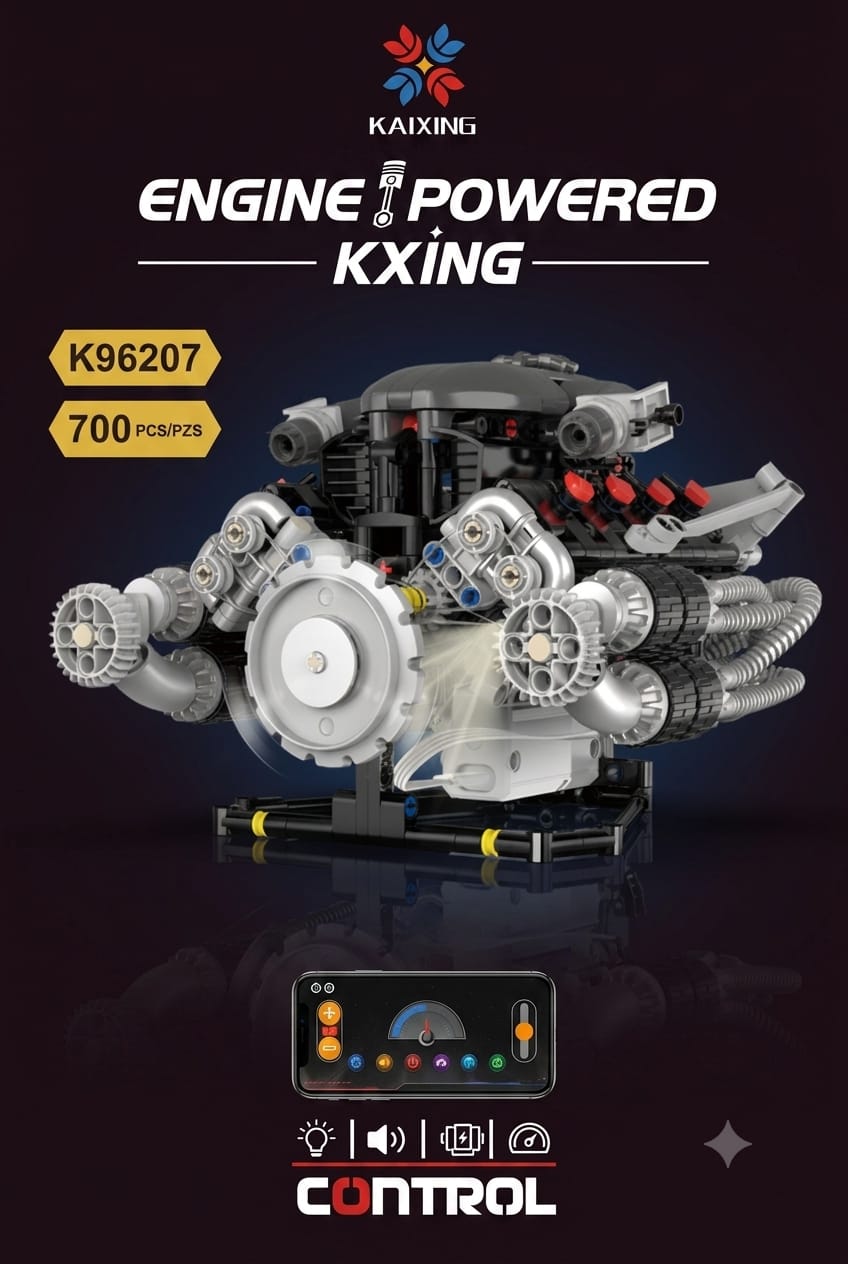 Motorized V8 supercar engine model building block kit with electric motor, moving gears, and display stand