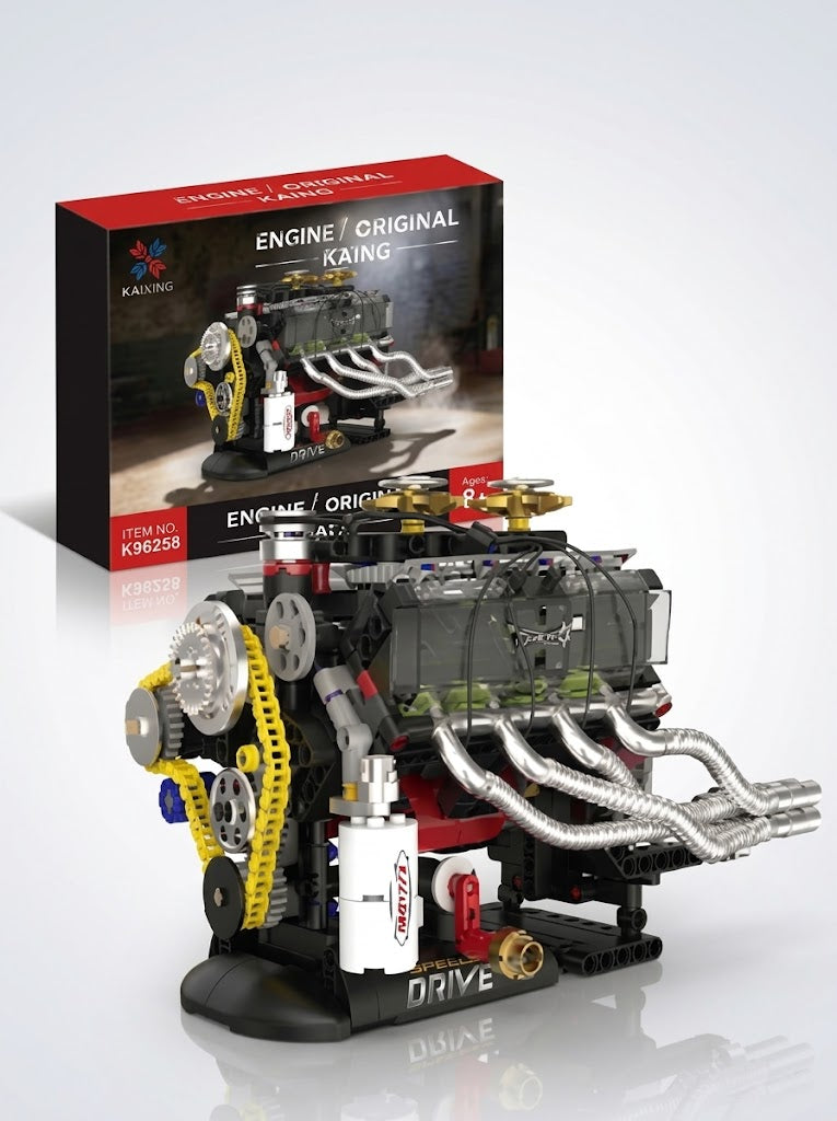 Assembled Speed Drive VIPER SHELBY V8 mechanical engine building block model on display stand beside retail box