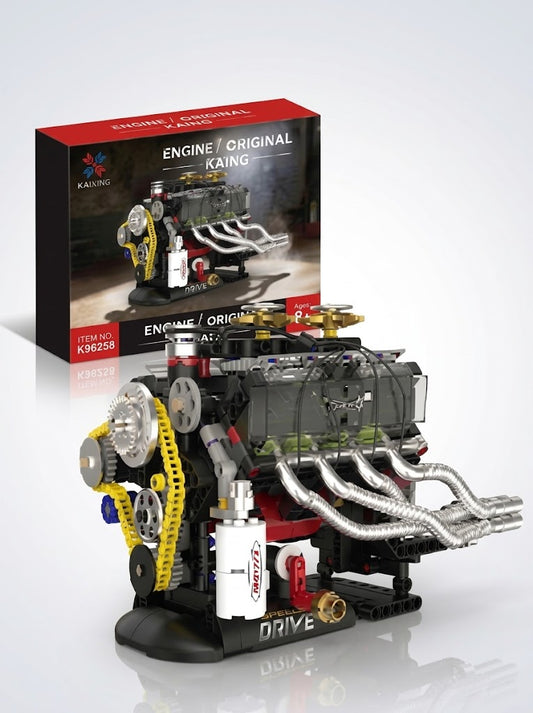 Assembled Speed Drive VIPER SHELBY V8 mechanical engine building block model on display stand beside retail box
