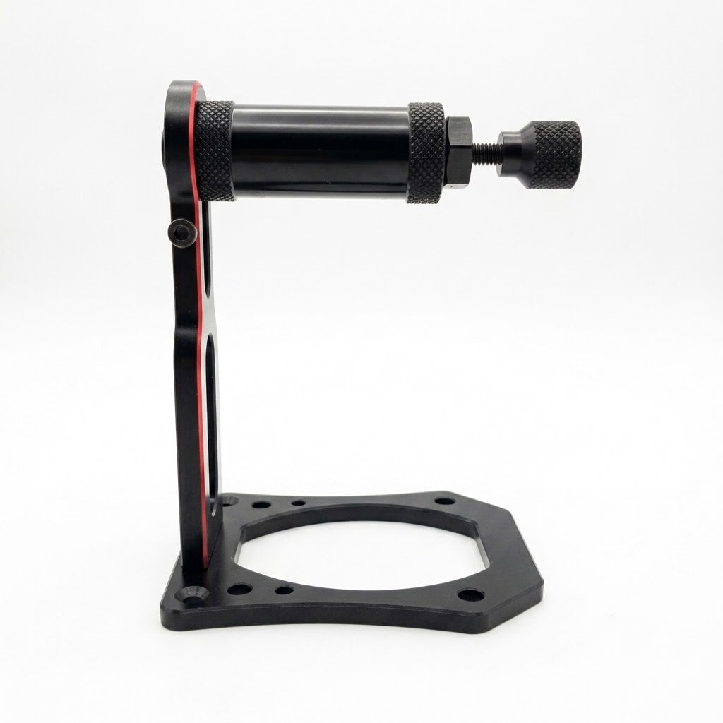 Side profile of black CNC aluminum adjustable rotating desktop display stand for 10cm miniature wheels.