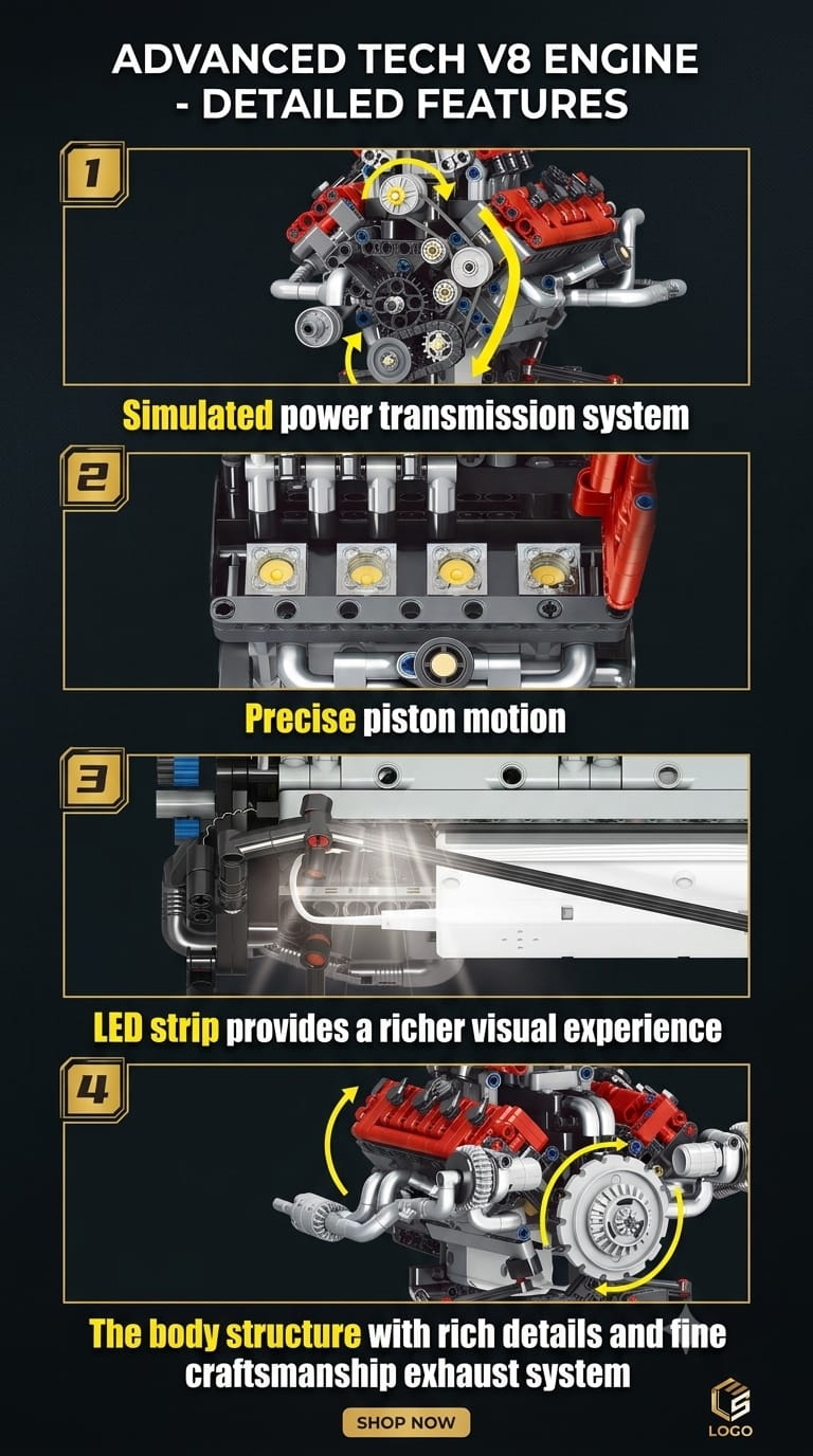 Advanced tech motorized V8 engine building block set highlighting power transmission, moving pistons, LED light strip, and exhaust details.