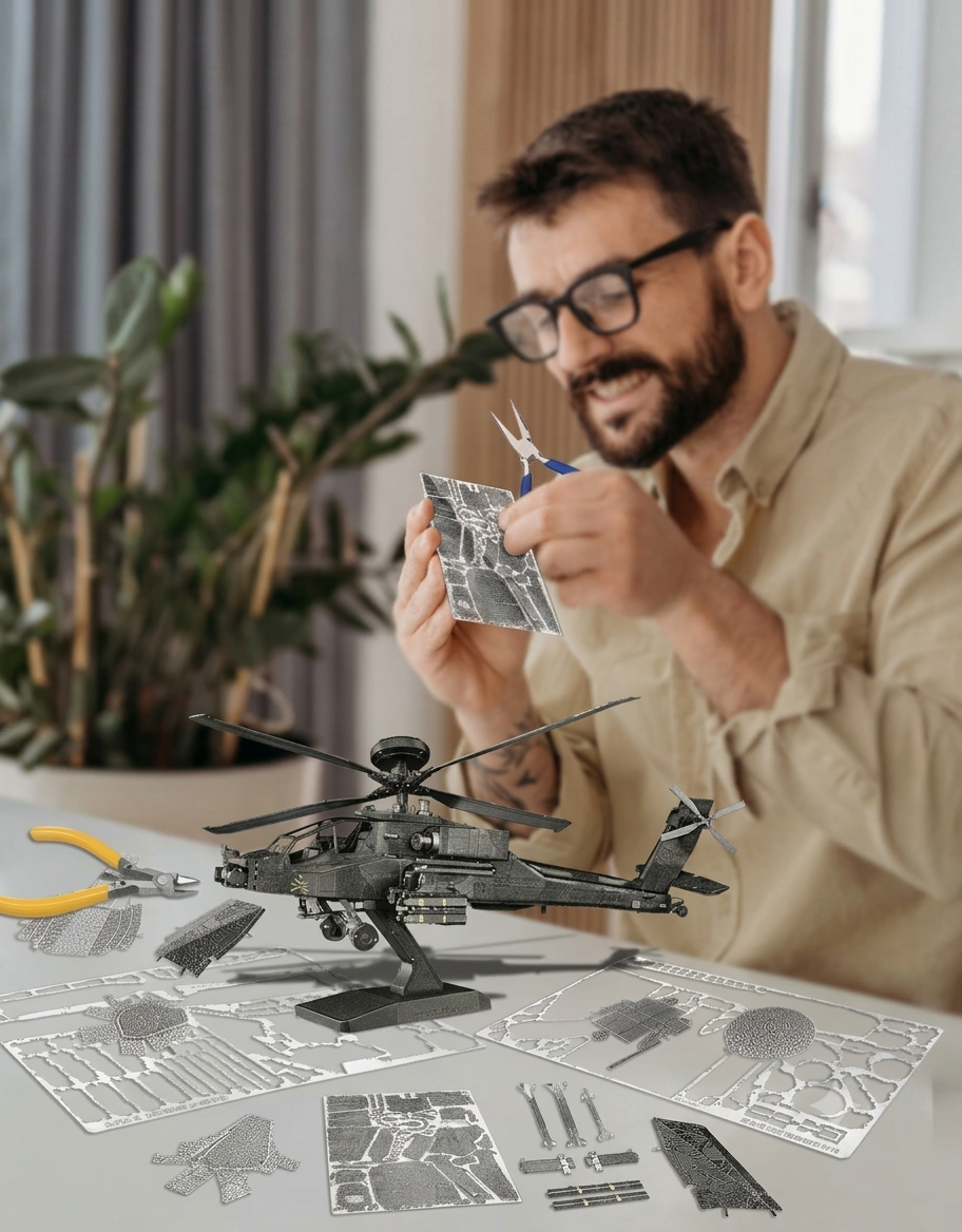 Man assembling the Piececool AH-64 Apache DIY 3D metal model kit using precision pliers and metal sheets at a desk.