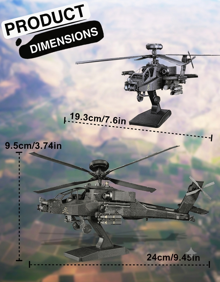 Dimensional size chart for AH-64 Apache metal model showing 24cm length, 19.3cm width, and 9.5cm height.