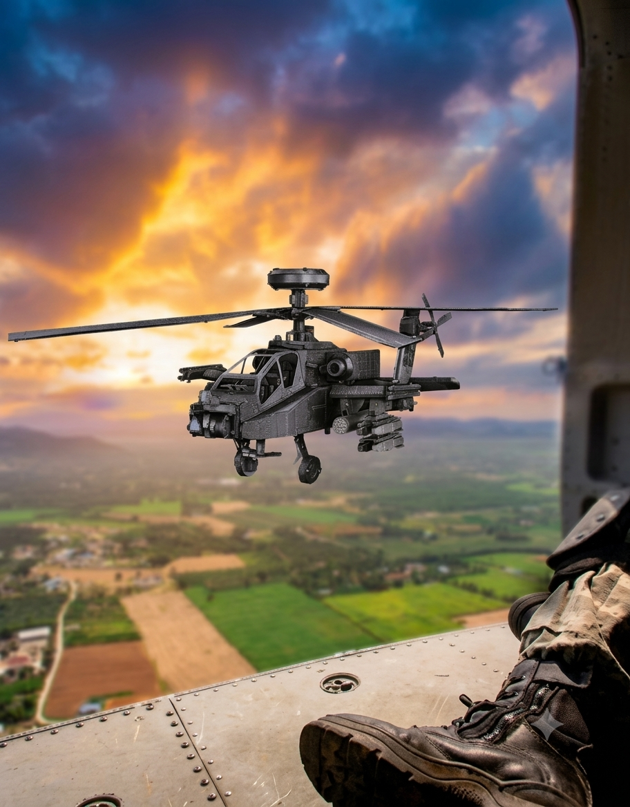 Assembled Piececool AH-64 Apache metal puzzle model hovering against a dramatic sunset landscape seen from a cargo bay.
