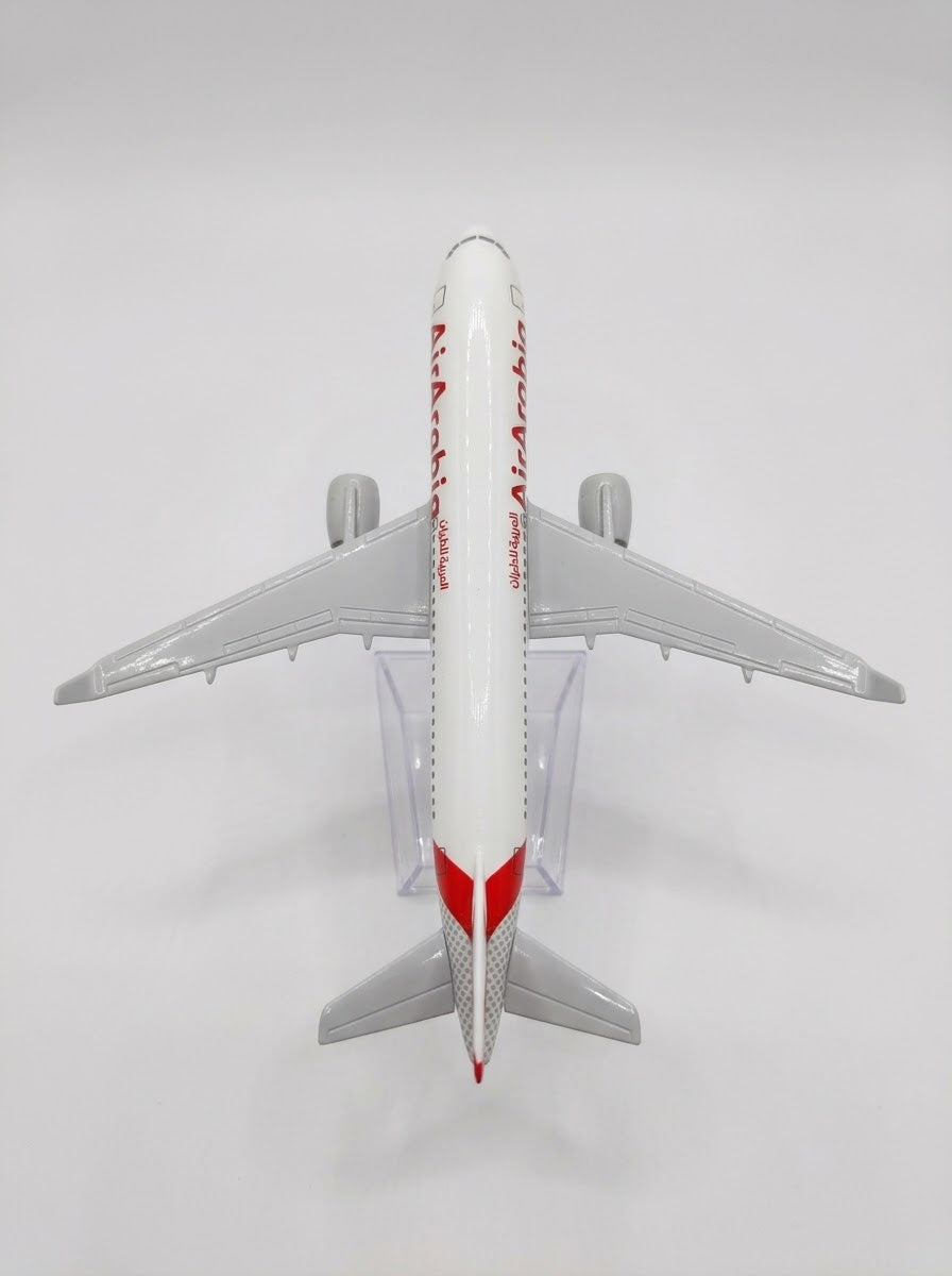 Top-down view of Air Arabia wingspan diecast plane model on clear stand shop aviation collectibles Lebanon