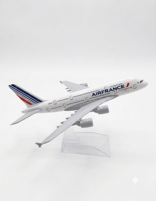 Side view of 15cm Air France A380 diecast metal model plane mounted on clear acrylic base, collectible aircraft model in Beirut Lebanon.