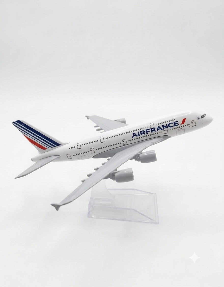 Side view of 15cm Air France A380 diecast metal model plane mounted on clear acrylic base, collectible aircraft model in Beirut Lebanon.