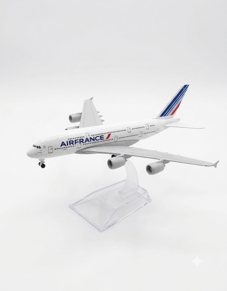 Air France Airbus A380 diecast metal airplane model 15cm with transparent acrylic display stand, desktop aviation collectible available in Lebanon.