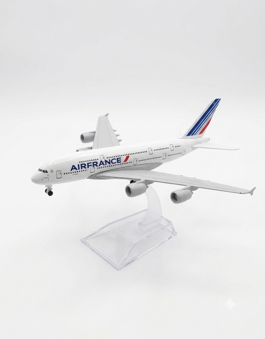Air France Airbus A380 diecast metal airplane model 15cm with transparent acrylic display stand, desktop aviation collectible available in Lebanon.