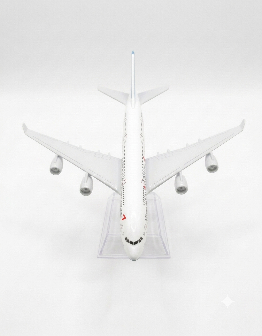 Overhead top view of Air France Airbus A380 diecast scale model aircraft showing detailed wings and four engines, hobby shop Lebanon.