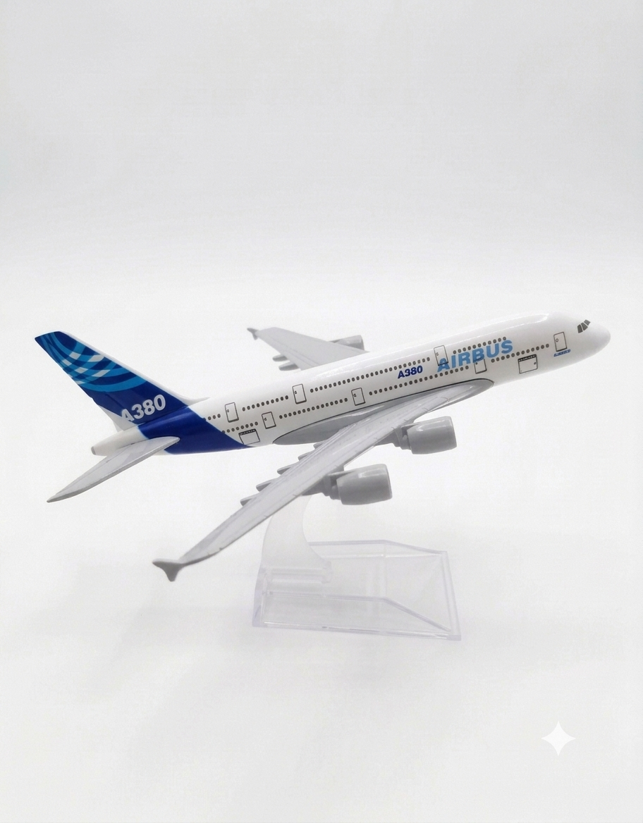 Side profile of the Airbus A380 metal scale model showing fuselage livery, cabin windows, and transparent display base.
