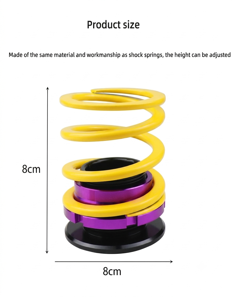 Product size dimensions diagram showing an 8cm by 8cm size for the aluminum alloy car spring shock absorber pen holder.