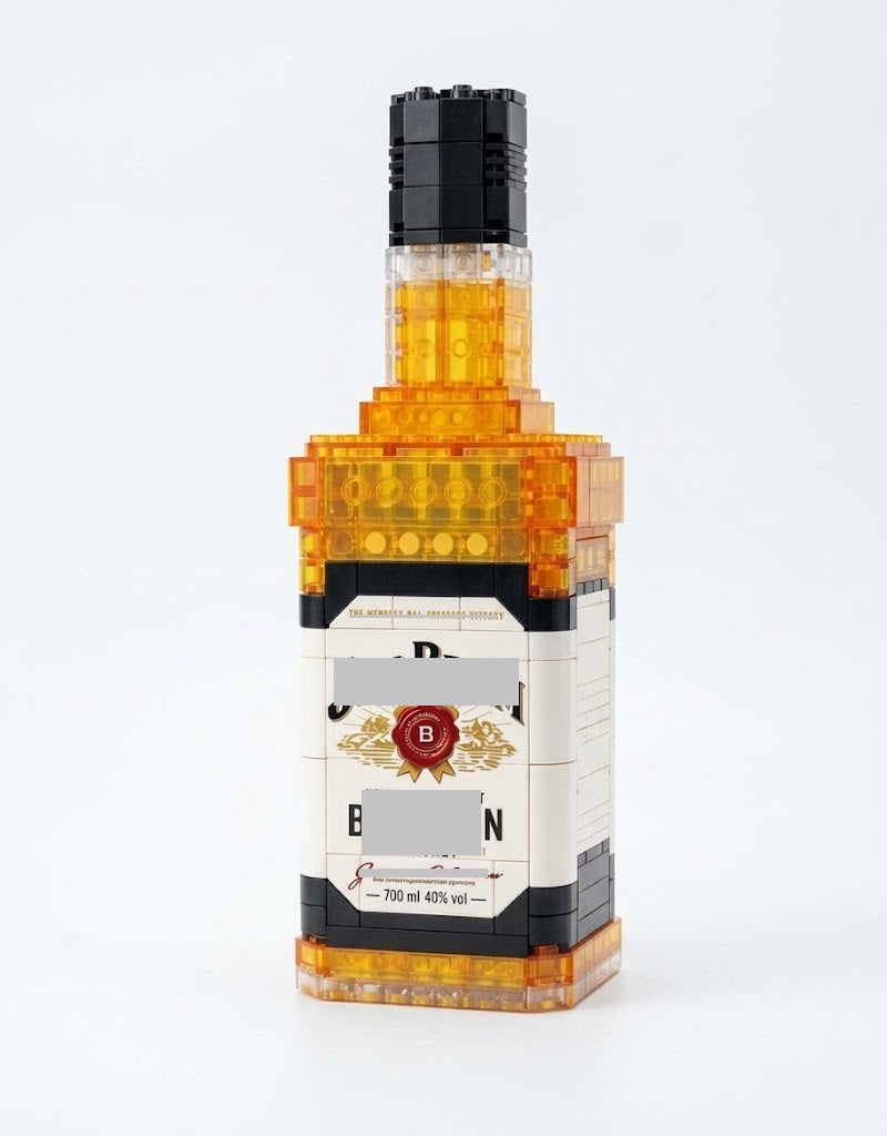 Square amber collector bottle building block model kit featuring translucent orange bricks, a white label with a red seal emblem, and a tall black cap on a white background.