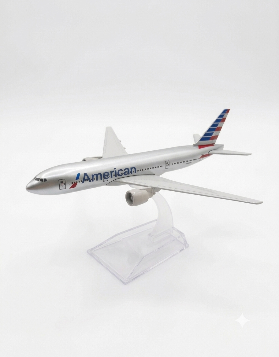 Front three-quarter angle of a 15cm American Airlines metal diecast airplane collectible model on transparent base.