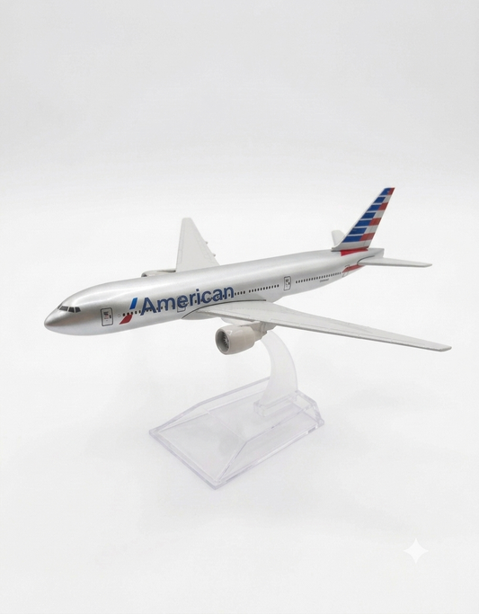 Front three-quarter angle of a 15cm American Airlines metal diecast airplane collectible model on transparent base.