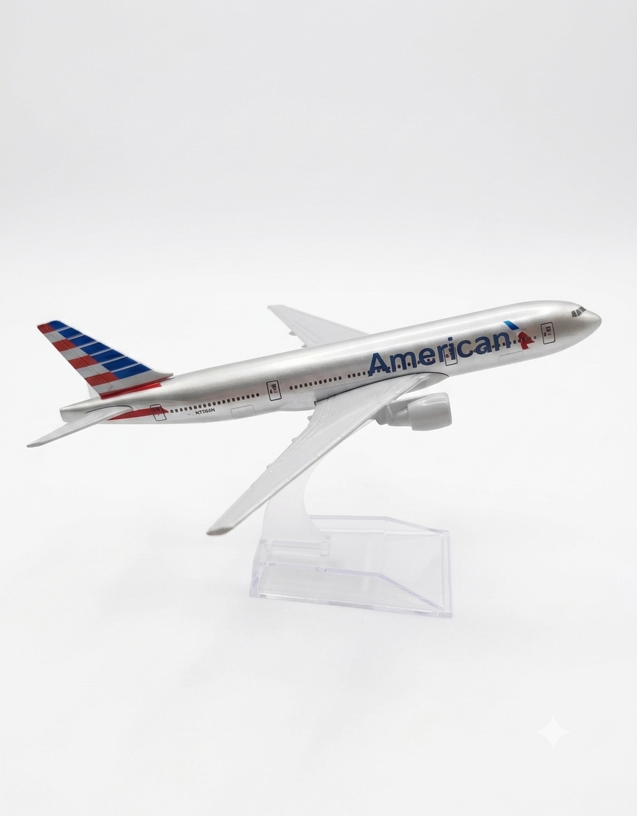 Side view of American Airlines silver diecast metal aircraft model mounted on a clear acrylic display stand.