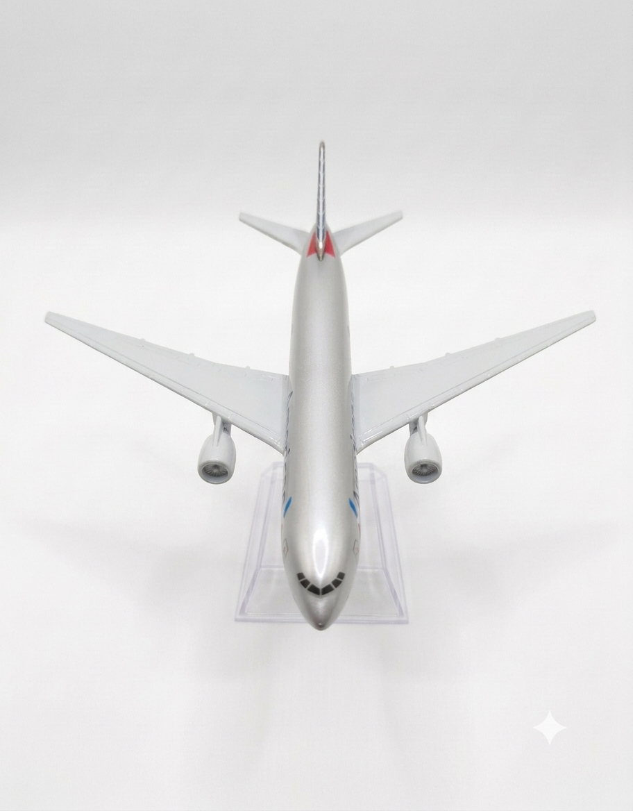 Overhead top-down view of American Airlines diecast miniature airplane wings and fuselage on display stand in Lebanon.