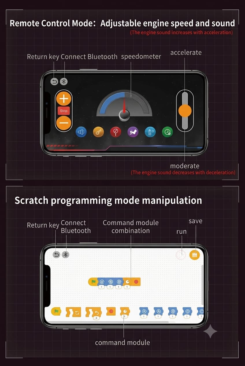 Smartphone mobile application interface showing Bluetooth remote speed control and Scratch block programming mode for motorized V8 engine set.