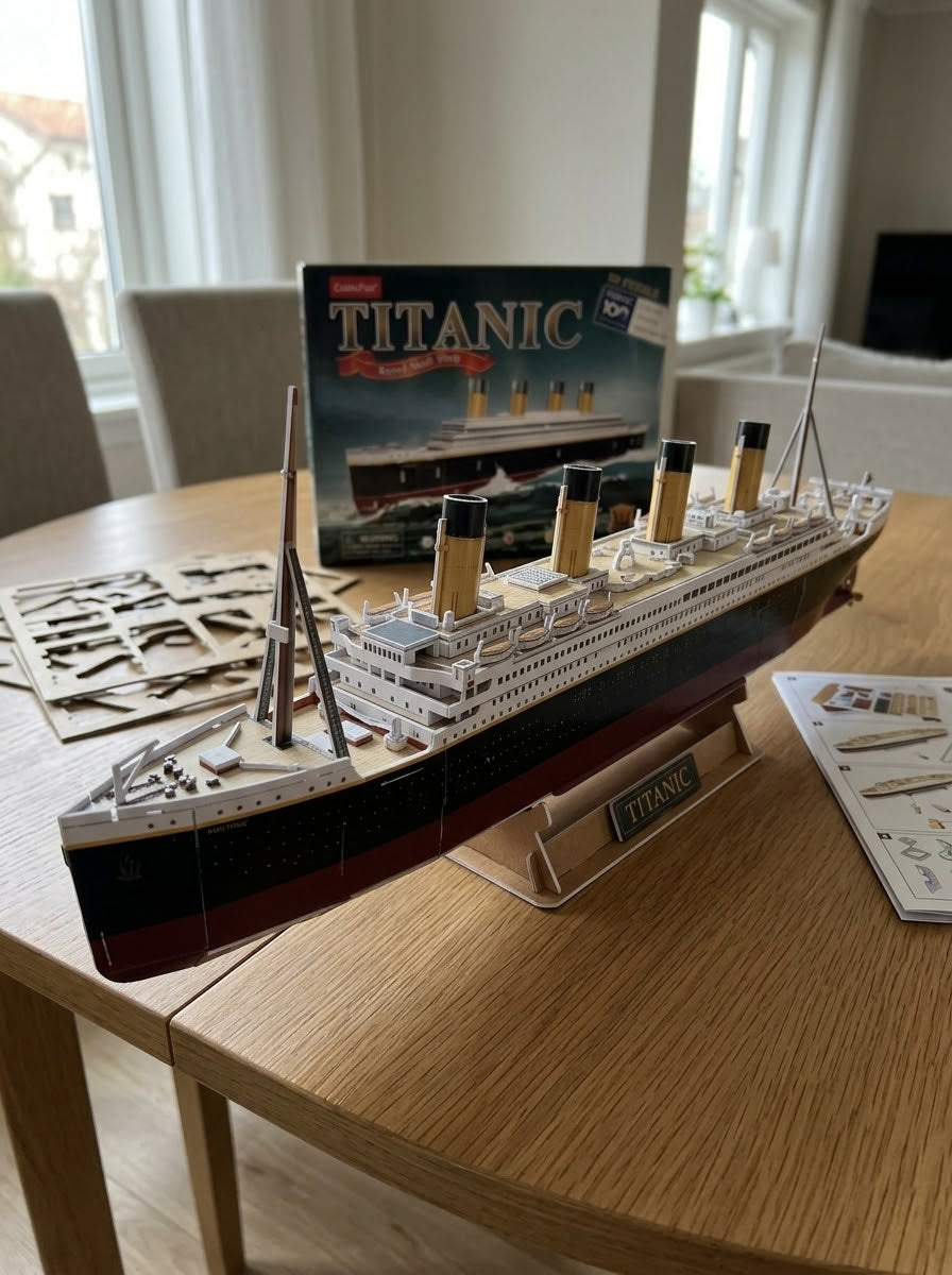 Fully assembled CubicFun Titanic 3D puzzle ship displayed on a stand with packaging and assembly sheets on a table at Gadgets Lebanon.