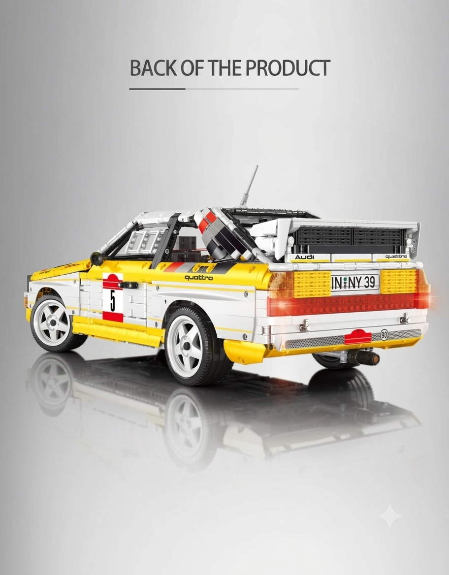 Rear product view of Audi Quattro S1 rally car brick model showing classic racing livery, spoiler, and quad taillights.