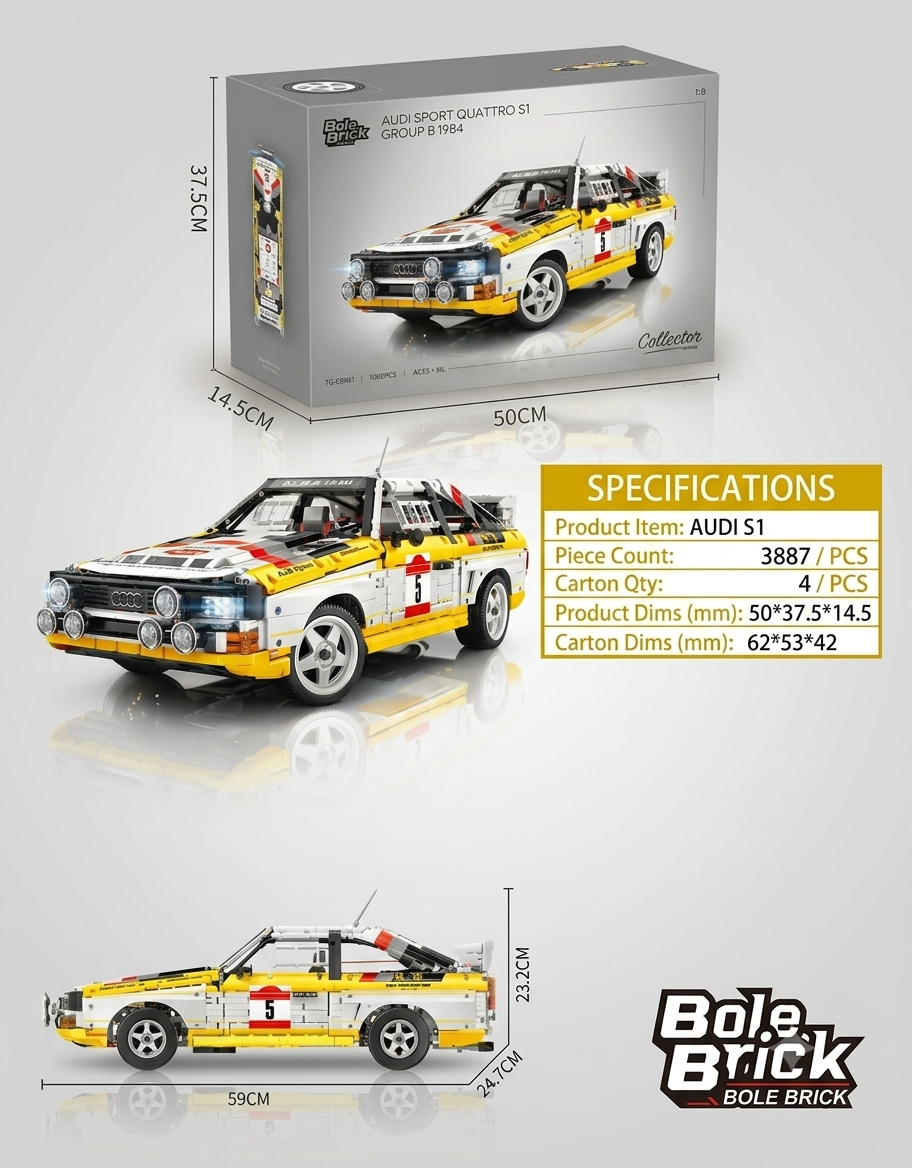 Audi Sport Quattro S1 building brick set specifications table and 59cm scale blueprint overview.