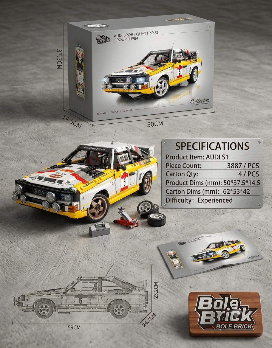 Complete Audi Sport Quattro S1 collector kit with scale model, jack stand, spare wheels, instruction manual, and chassis dimensions.