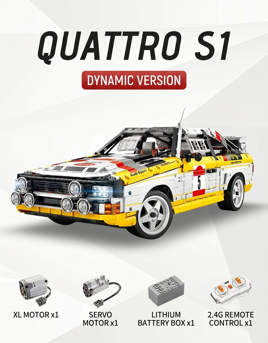 Dynamic RC version of Audi Quattro S1 brick model equipped with XL motor, servo motor, battery box, and 2.4G remote control.